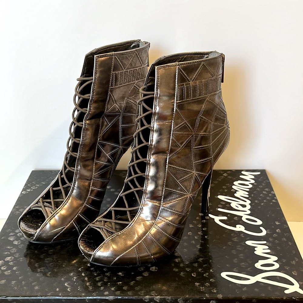 Sam Edelman Queenie Corset Open Toe Bootie Heel Pewter Metallic Sz 6